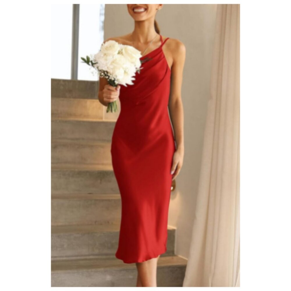 PRETTYGARDEN Women's Midi Satin Dress One Shoulder Spaghetti Strap Large